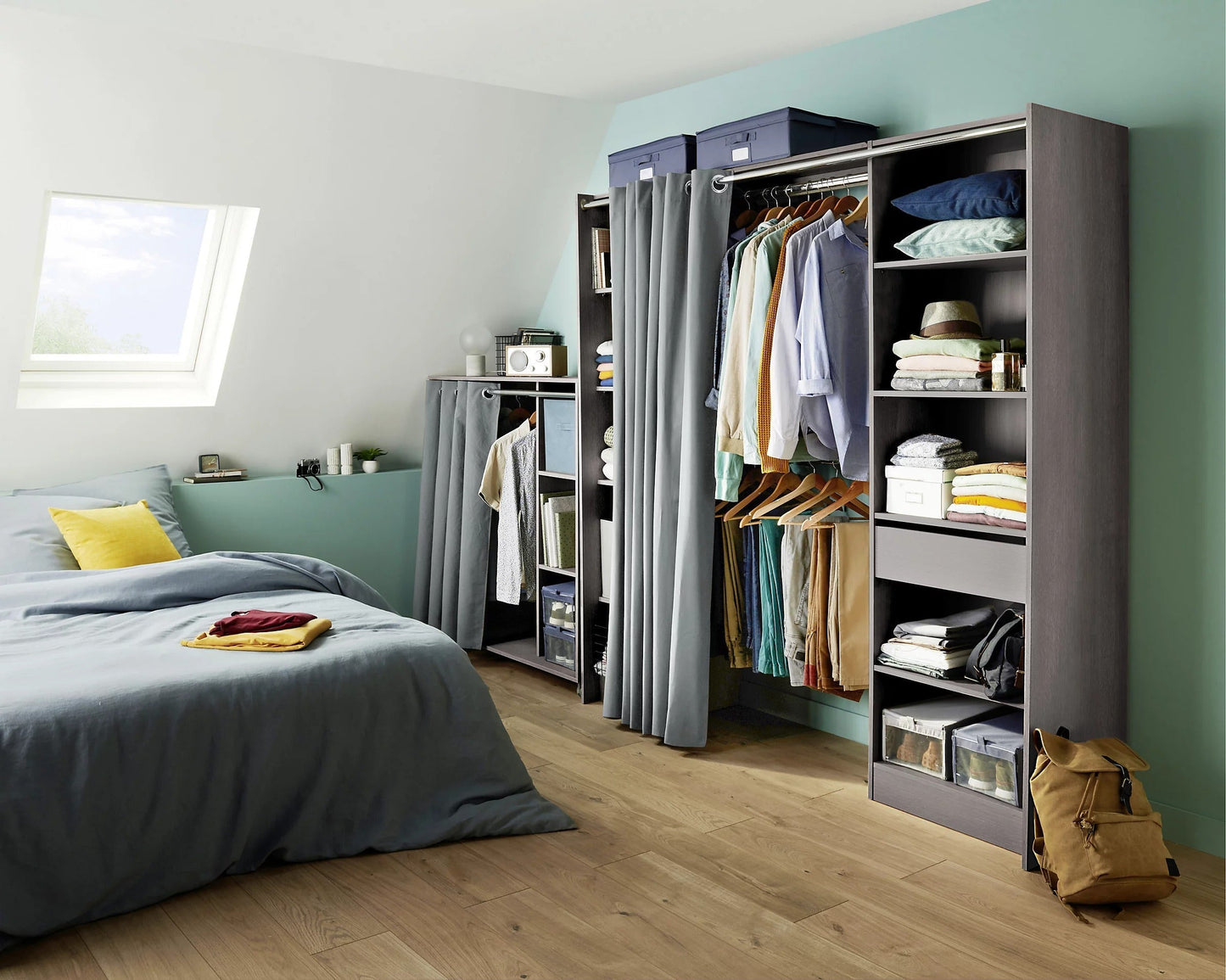 Kit vestidor 2 columnas con cortina Eklips II Al. 200 cm x L. 200 cm decoración roble gris
