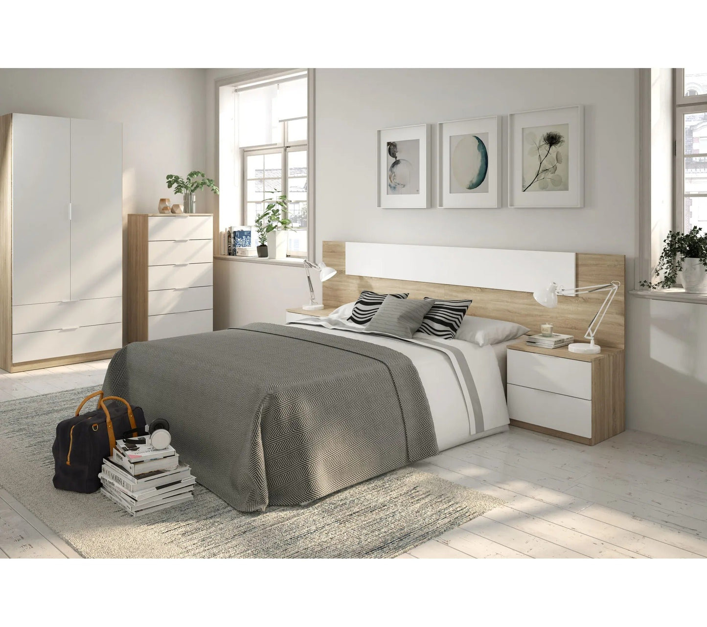 Kommode LINEA mit 5 Schubladen Weiß und Eichenimitat