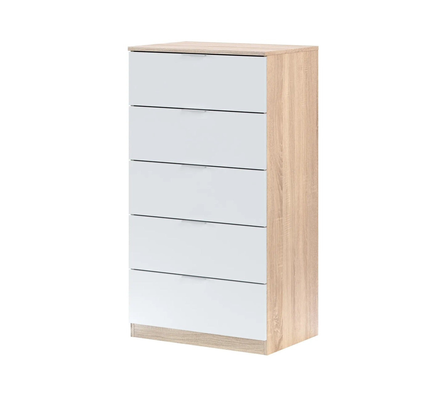 Kommode LINEA mit 5 Schubladen Weiß und Eichenimitat