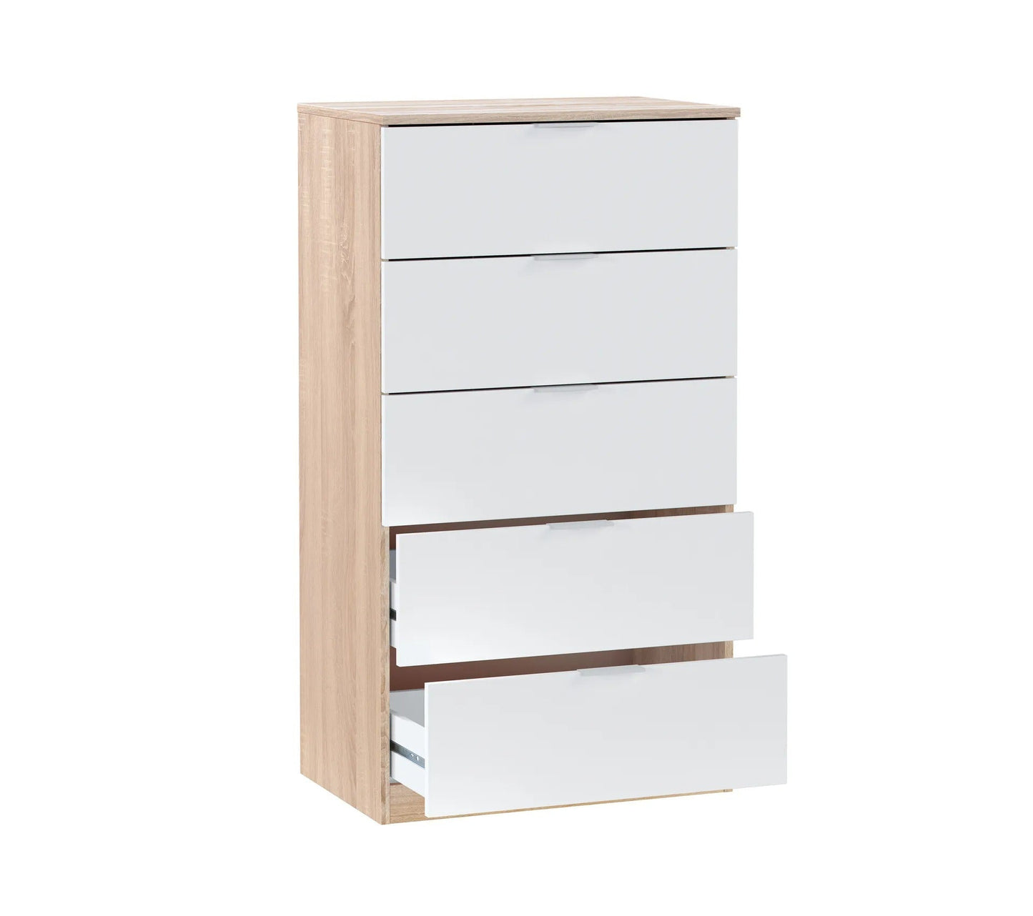 Kommode LINEA mit 5 Schubladen Weiß und Eichenimitat
