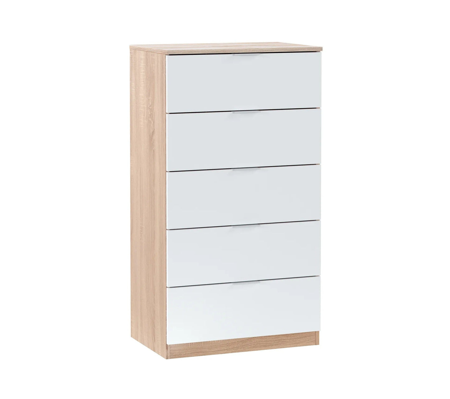 Kommode LINEA mit 5 Schubladen Weiß und Eichenimitat