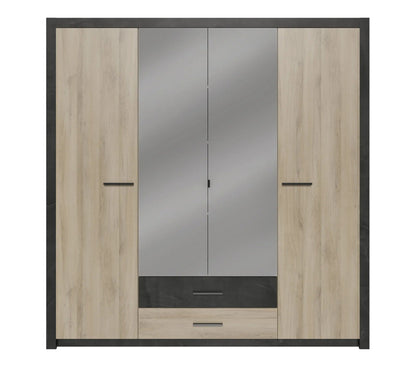 Armoire 4 portes avec miroir COLO lingère et penderie imitation chêne et noir